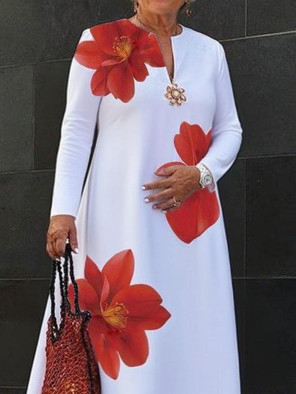 A-Line Long Sleeves Flower Print V-Neck Midi Dresses