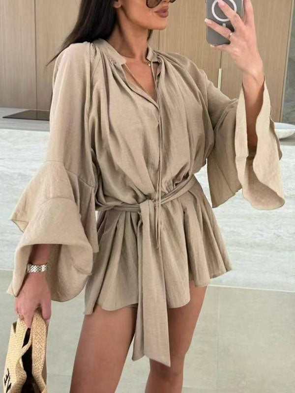 Flared Sleeves Loose Lace-Up Pleated Solid Color Split-Joint Tiered Round-Neck Mini Dresses