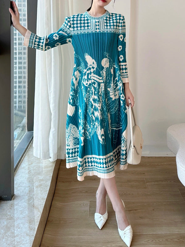 A-Line Loose Pleated Printed Round-Neck Midi Dresses