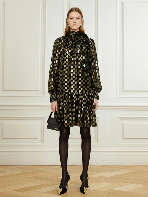 Long Sleeves Puff Sleeves Pleated Polka Dot Shiny Split-Joint High Neck Mini Dresses