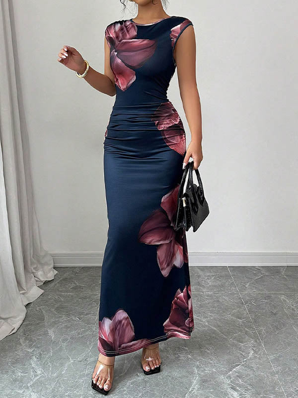 Bodycon Sleeveless Contrast Color Flower Print Round-Neck Maxi Dresses