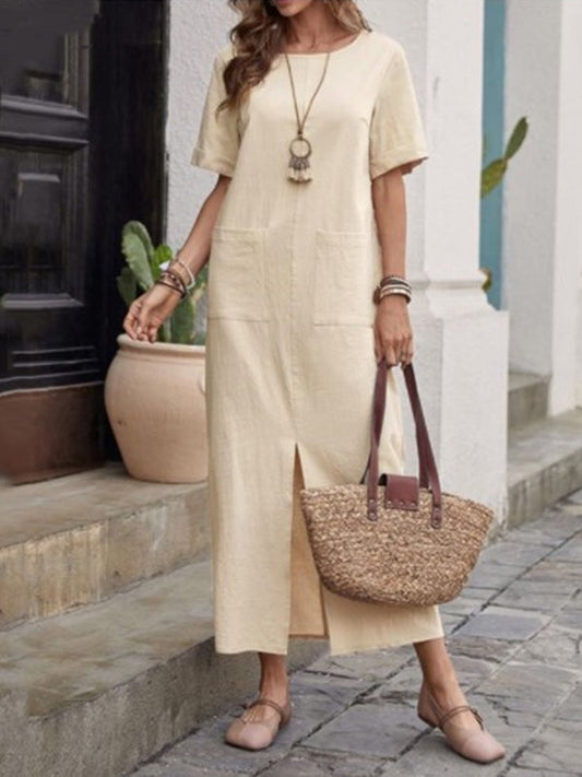 High Waisted Loose Pockets Solid Color Split-front Round-neck Midi Dresses