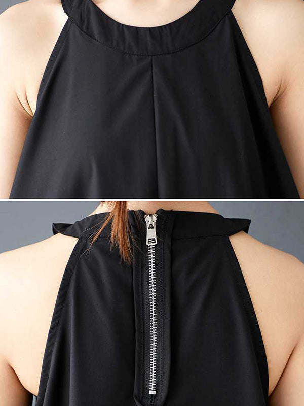 A-Line Loose Drawstring Pleated Pockets Solid Color Zipper Spaghetti-Neck Midi Dresses