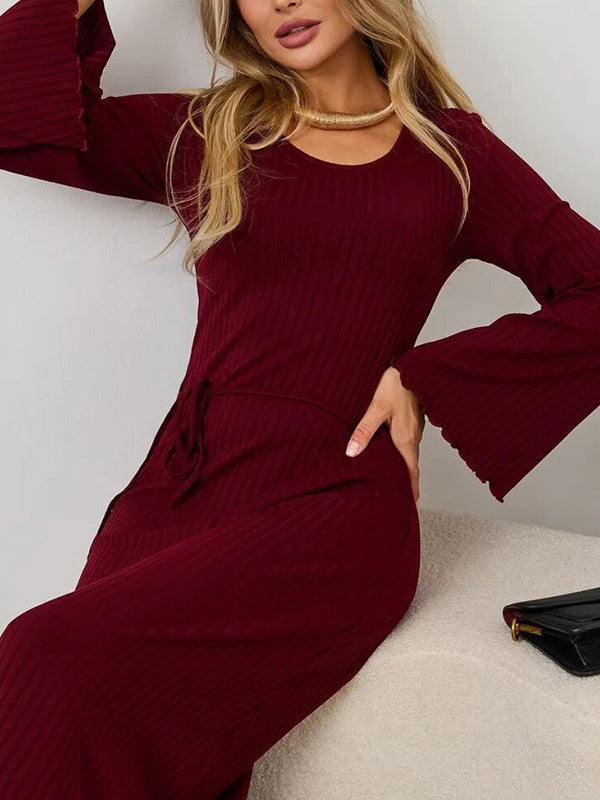 Long Sleeves Pleated Ruffled Solid Color Split-Joint Round-Neck Maxi Dresses