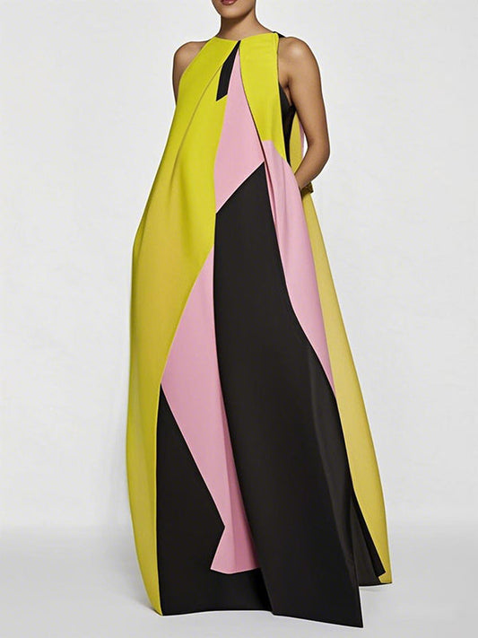 A-Line Loose Color-Block Pleated Split-Joint Round-Neck Maxi Dresses