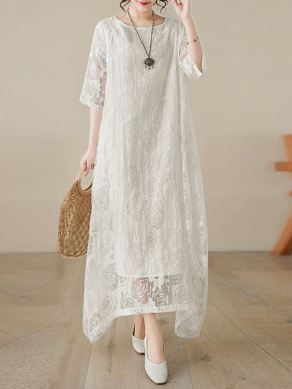 Half Sleeves Loose Gauze See-Through Solid Color Round-Neck Maxi Dresses