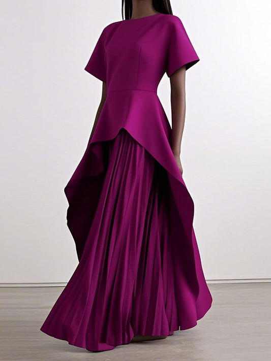 A-Line High Waisted Pleated Solid Color Split-Joint Round-Neck Maxi Dresses