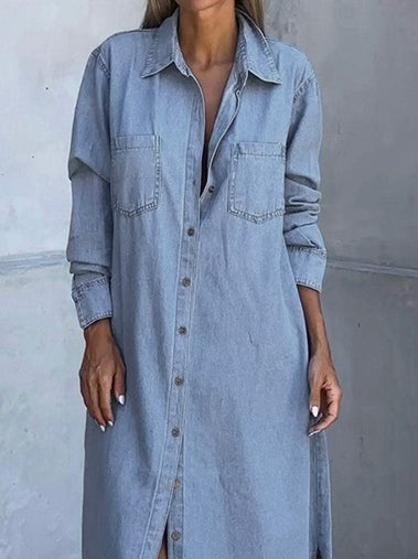 Long Sleeves Loose Buttoned Pockets Solid Color Lapel Maxi Dresses Shirt Dress