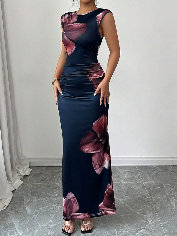 Bodycon Sleeveless Contrast Color Flower Print Round-Neck Maxi Dresses