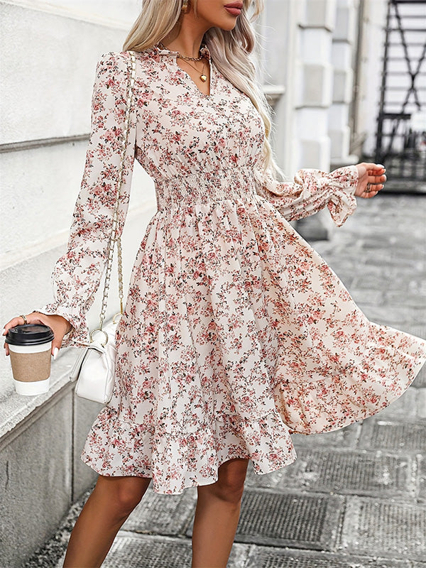 A-Line Long Sleeves Elasticity Flower Print V-Neck Midi Dresses