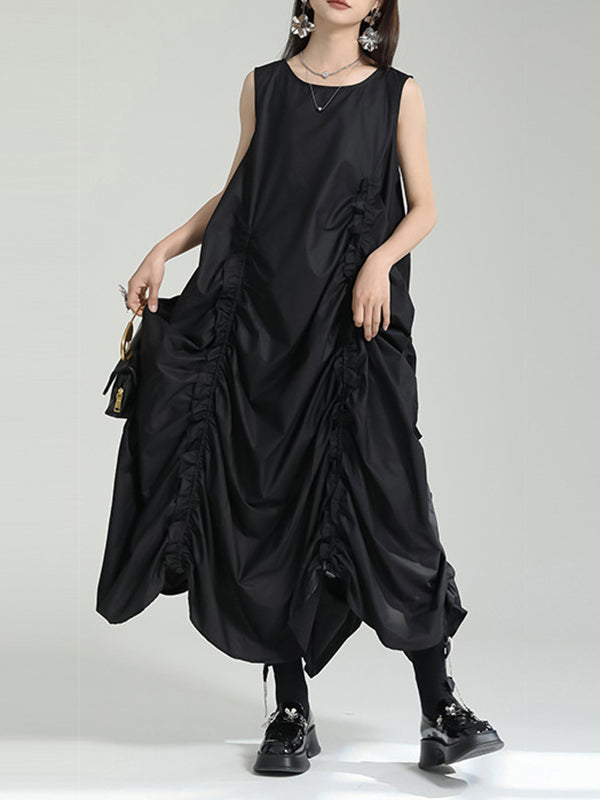 Loose Sleeveless Asymmetric Elasticity Pleated Solid Color Round-Neck Midi Dresses