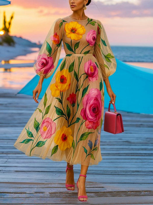 Loose Puff Sleeves Flower Print See-Through Round-Neck Midi Dresses