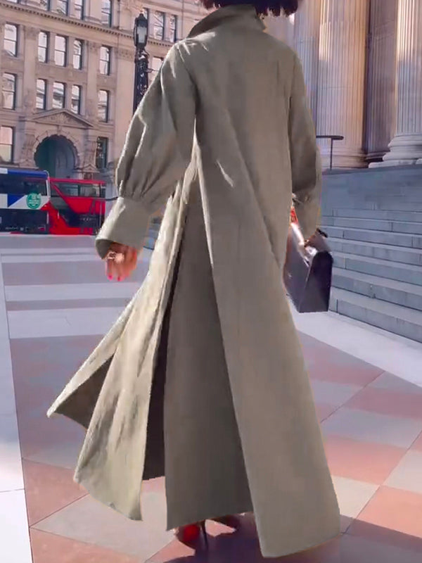 Long Sleeves Loose Solid Color Split-Joint Split-Side Lapel Maxi Dresses Shirt Dress
