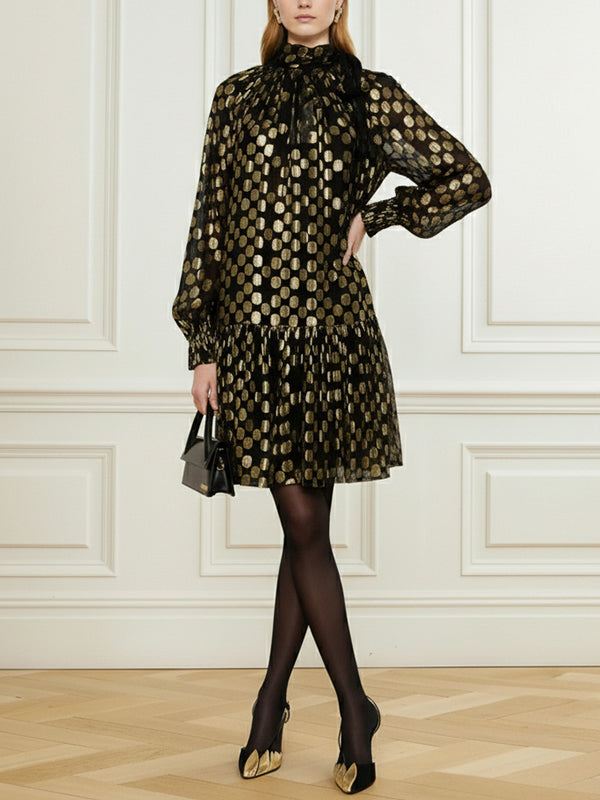 Long Sleeves Puff Sleeves Pleated Polka Dot Shiny Split-Joint High Neck Mini Dresses
