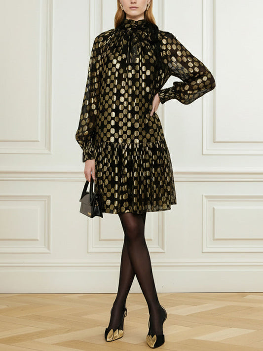 Long Sleeves Puff Sleeves Pleated Polka Dot Shiny Split-Joint High Neck Mini Dresses