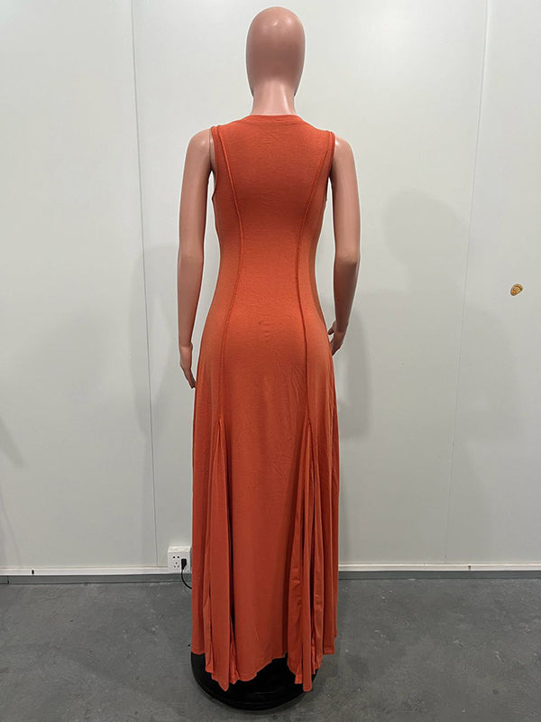 Plus Size Sleeveless Solid Color Split-Joint U-Neck Maxi Dresses