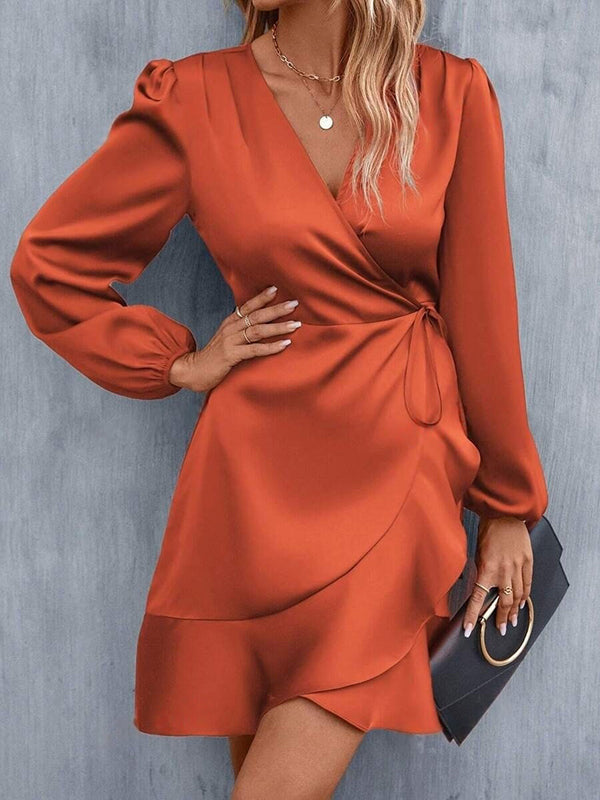 High Waisted High-Low Elasticity Pleated Solid Color Split-Joint Tied V-Neck Mini Dresses