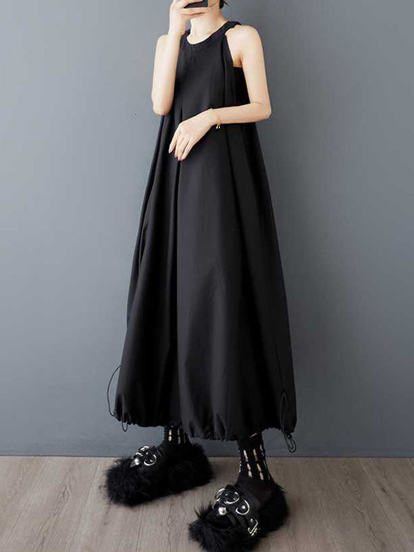 A-Line Loose Drawstring Pleated Pockets Solid Color Zipper Spaghetti-Neck Midi Dresses
