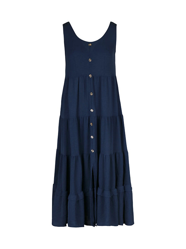 Loose Sleeveless Buttoned Solid Color Tiered Round-neck Midi Dresses