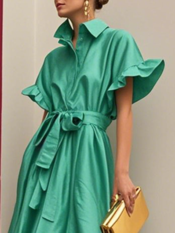Flared Sleeves Loose Pleated Solid Color Split-Joint Tied Waist Lapel Maxi Dresses Shirt Dress