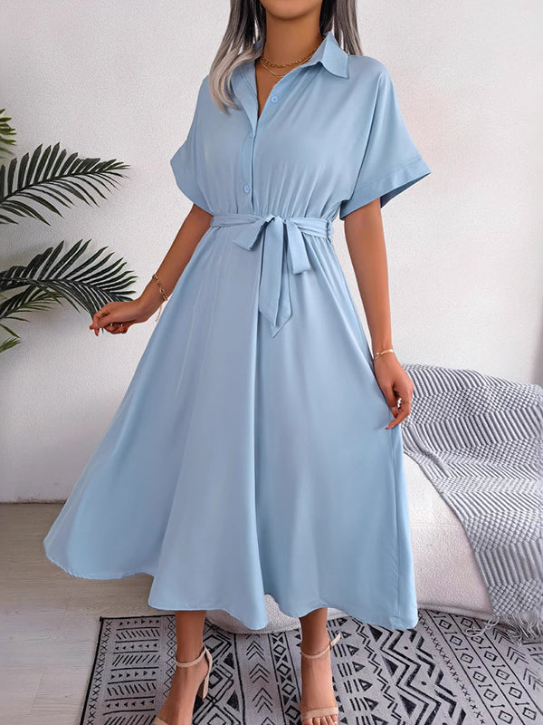 Loose Short Sleeves Solid Color Split-Joint Tied Waist Lapel Midi Dresses Shirt Dress