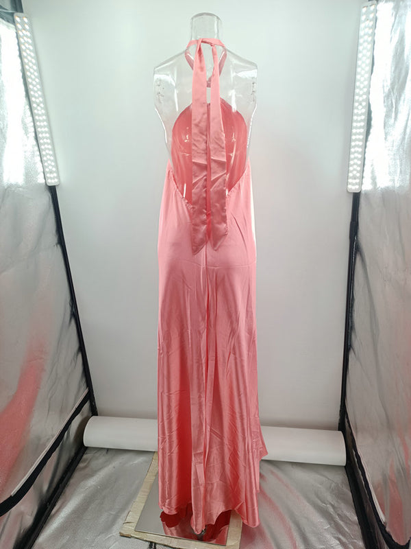 A-Line Loose Backless Solid Color Tied Halter-Neck Maxi Dresses