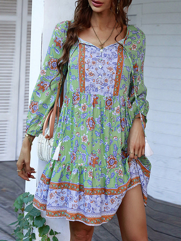 A-Line Loose Buttoned Contrast Color Flower Print Pleated V-Neck Mini Dresses