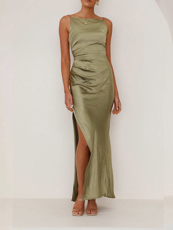 Sleeveless Pleated Solid Color Split-Joint Split-Side Spaghetti-Neck Midi Dresses