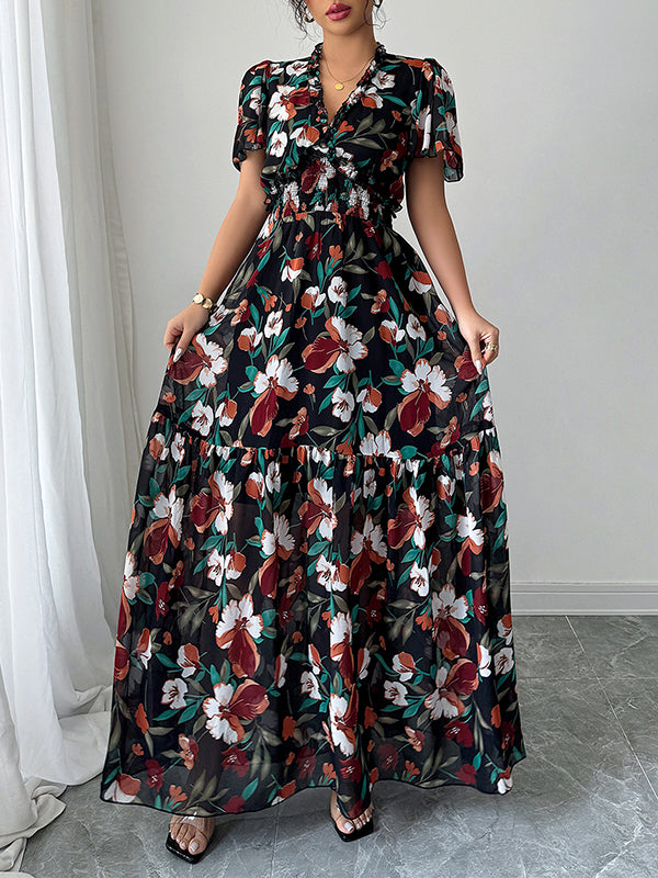 A-Line Loose Contrast Color Elasticity Flower Print Pleated V-Neck Maxi Dresses