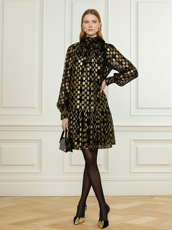 Long Sleeves Puff Sleeves Pleated Polka Dot Shiny Split-Joint High Neck Mini Dresses