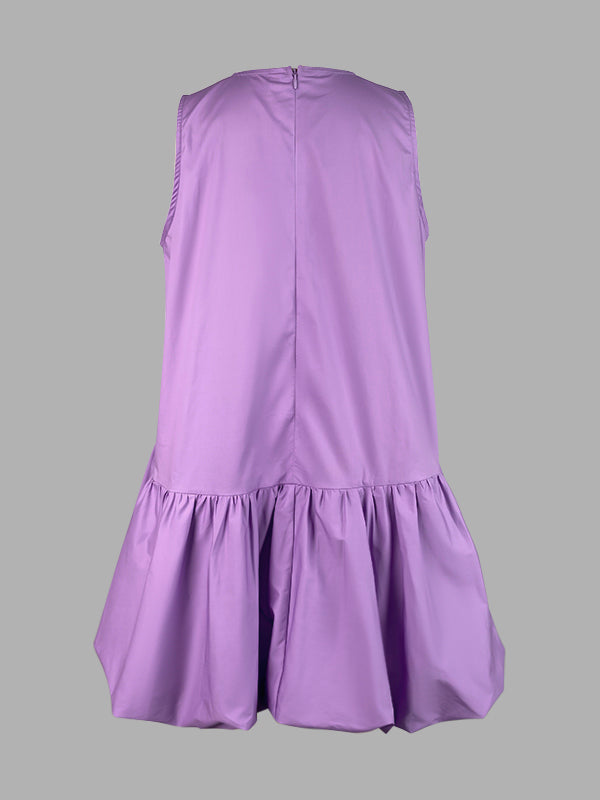 High Waisted Loose Pleated Solid Color Round-Neck Mini Dresses