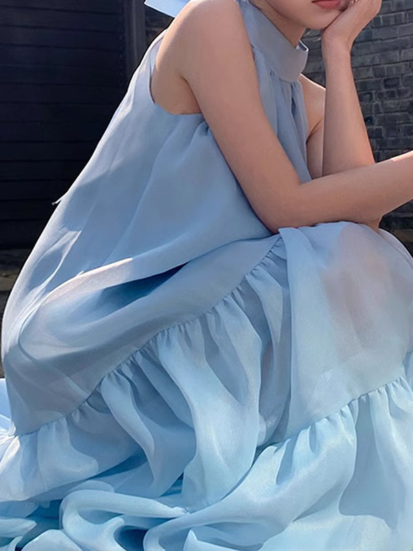 Loose Sleeveless Solid Color Halter-Neck Midi Dresses