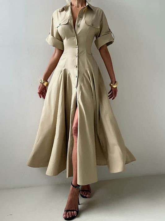 Short Sleeves Buttoned Solid Color Lapel Maxi Dresses Shirt Dress