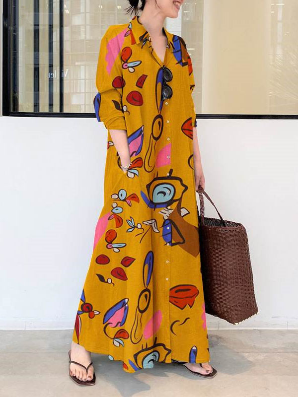 Long Sleeves Loose Buttoned Pockets Printed Lapel Maxi Dresses Shirt Dress