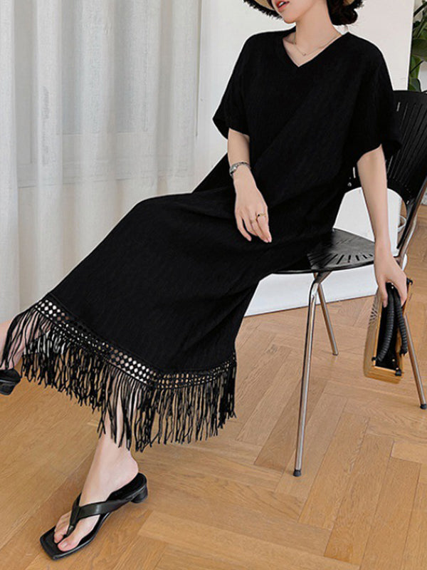 Loose Short Sleeves Solid Color Split-Joint Tasseled V-Neck Midi Dresses