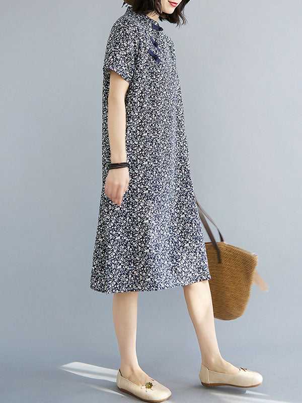 Artistic Retro Floral Printed Stand Collar Short Sleeves Cheongsam Midi Dress