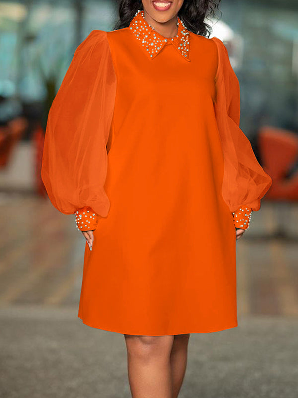 Puff Sleeves Beads Mesh Solid Color Split-Joint Round-neck Midi Dresses