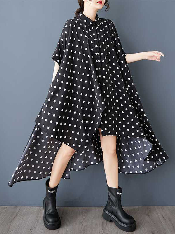 A-Line High-Low Asymmetric Buttoned Polka-Dot Lapel Midi Dresses Shirt Dress