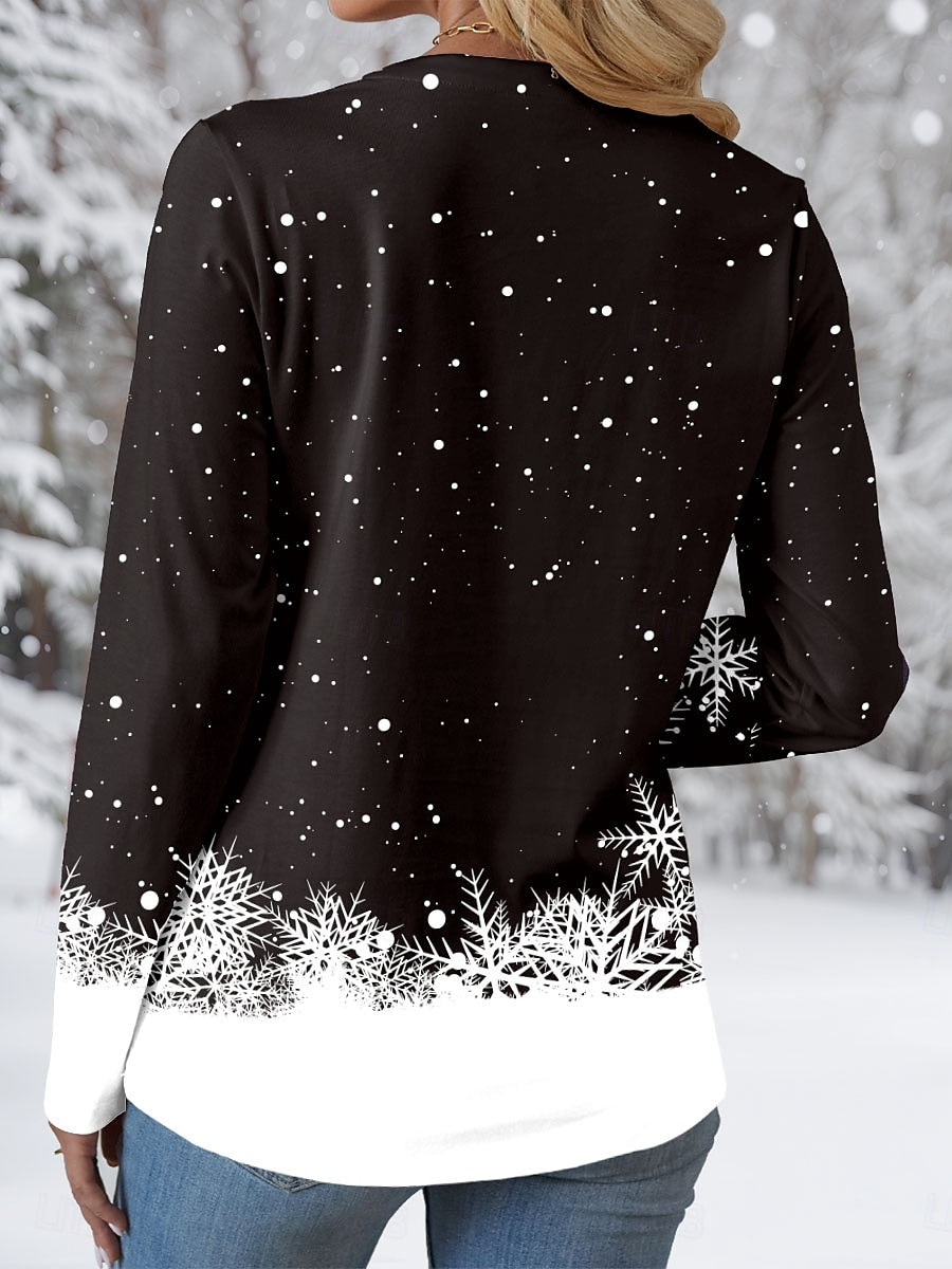 Christmas Women’s V-Neck Blouse Sweatshirt with White Fur Trim, Sequin Embellished