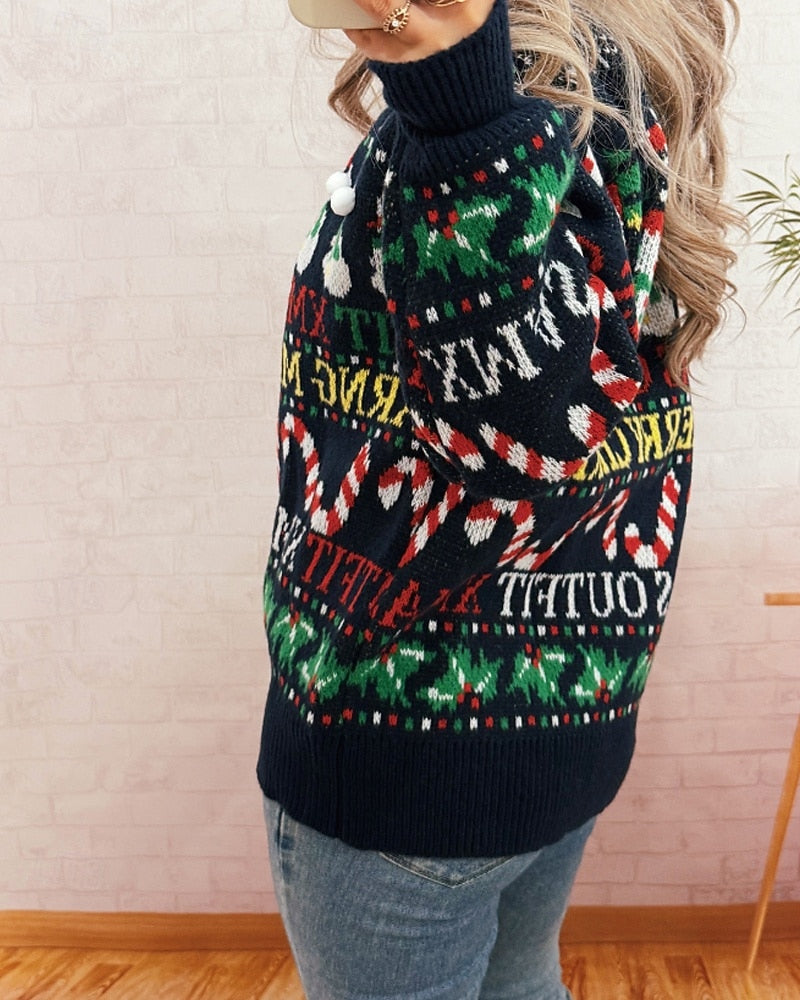 Women’s Christmas Floral Sweater – Cute Knit Pullover with Pom Poms