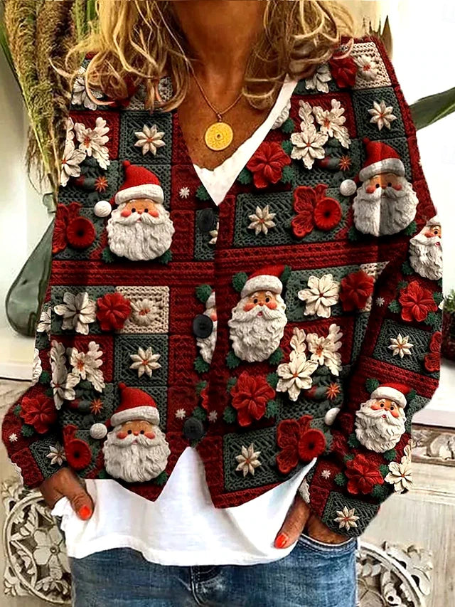 Women’s Christmas Knitted Cardigan – Vintage Floral Tree Print Sweater with Pockets, Long Sleeve Crew/V-Neck Winter Top