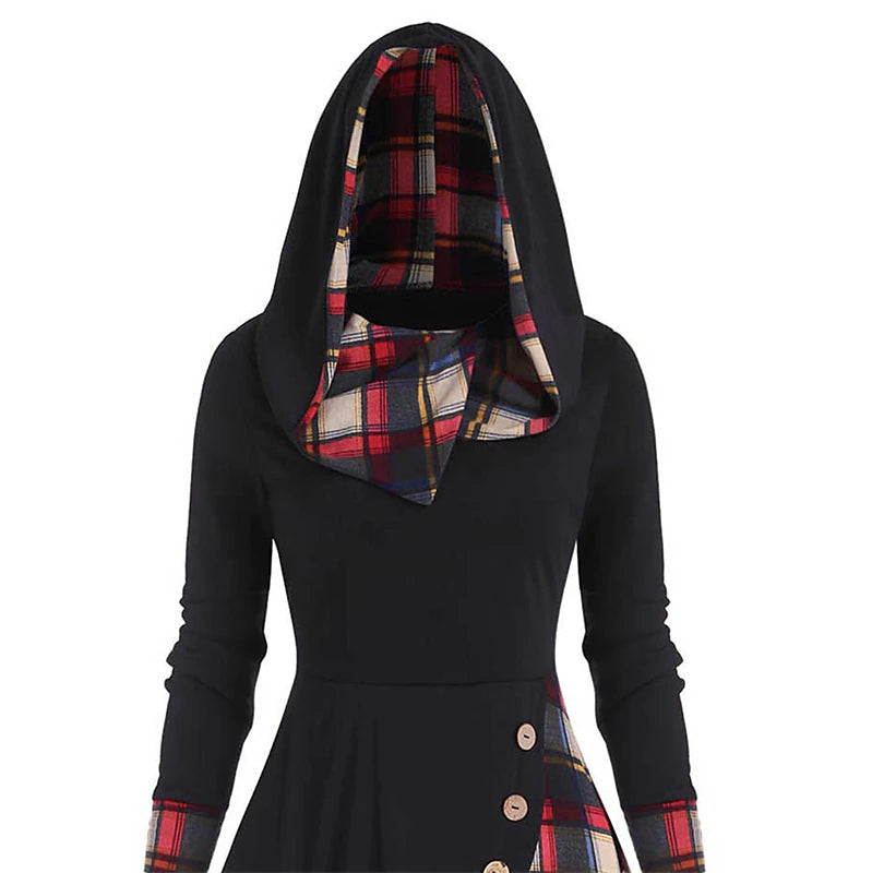 Women's Plaid Hooded Midi Dress Casual Loose Fit Long Sleeve Color Block Winter Fall Fashion Daily Wear