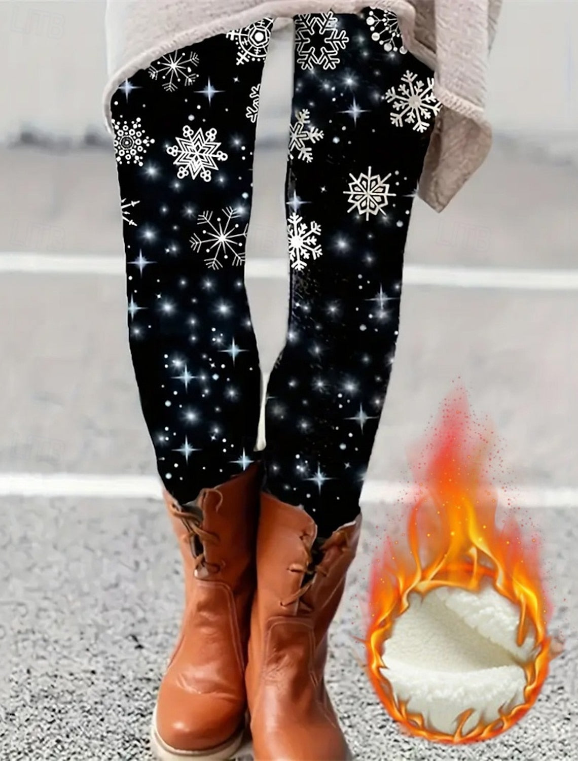Women's High-Waist Fleece Leggings – Cozy Stretchy Thermal Pants with Christmas Snowflake