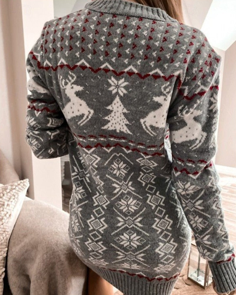 Women's Christmas Reindeer Sweater Dress – Floral Print, Crew Neck, Long Sleeve, Casual Holiday Mini Dress
