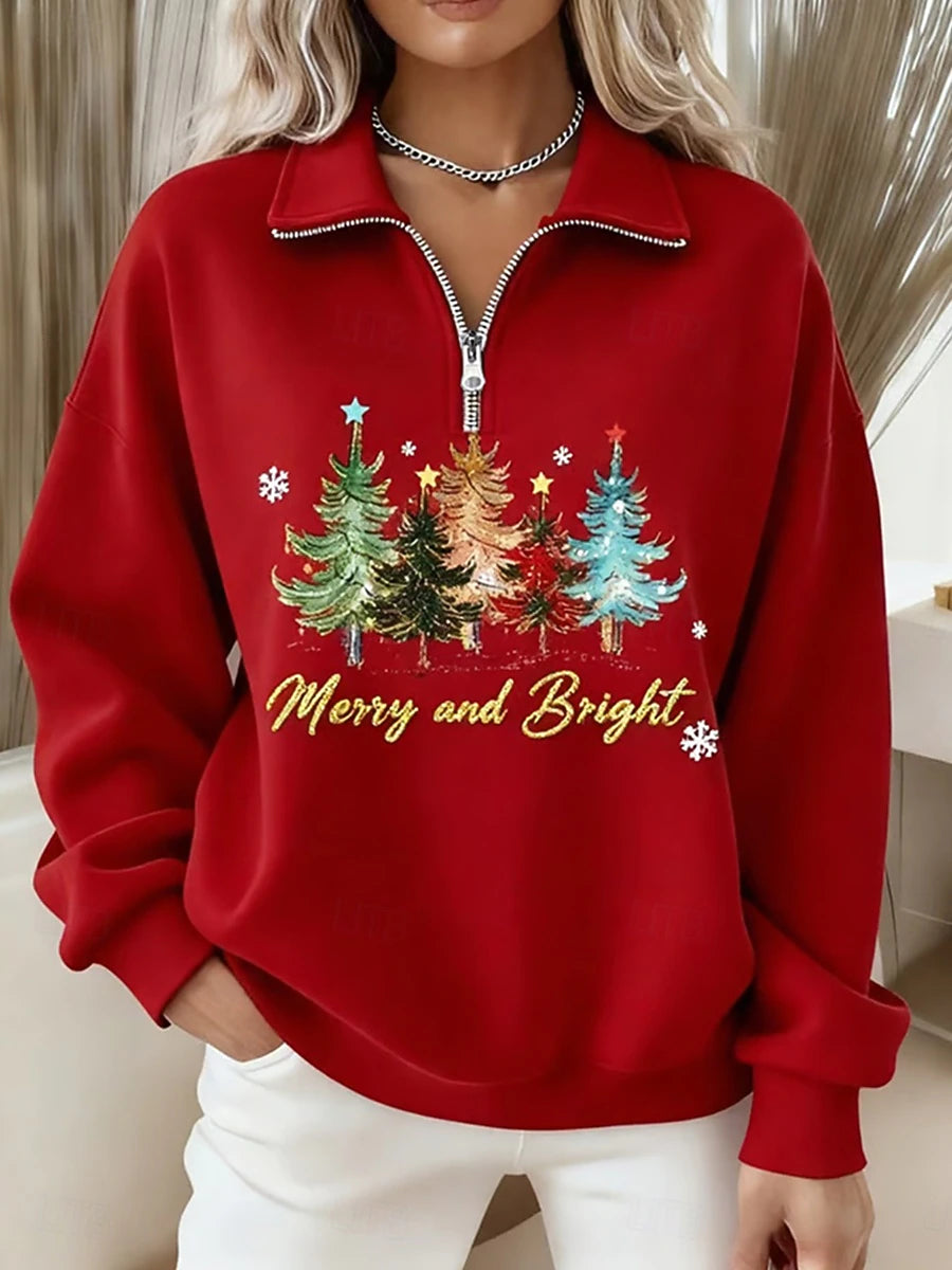 Women's Cozy Half Zip Christmas Tree Sweatshirt – Casual Holiday Pullover Top
