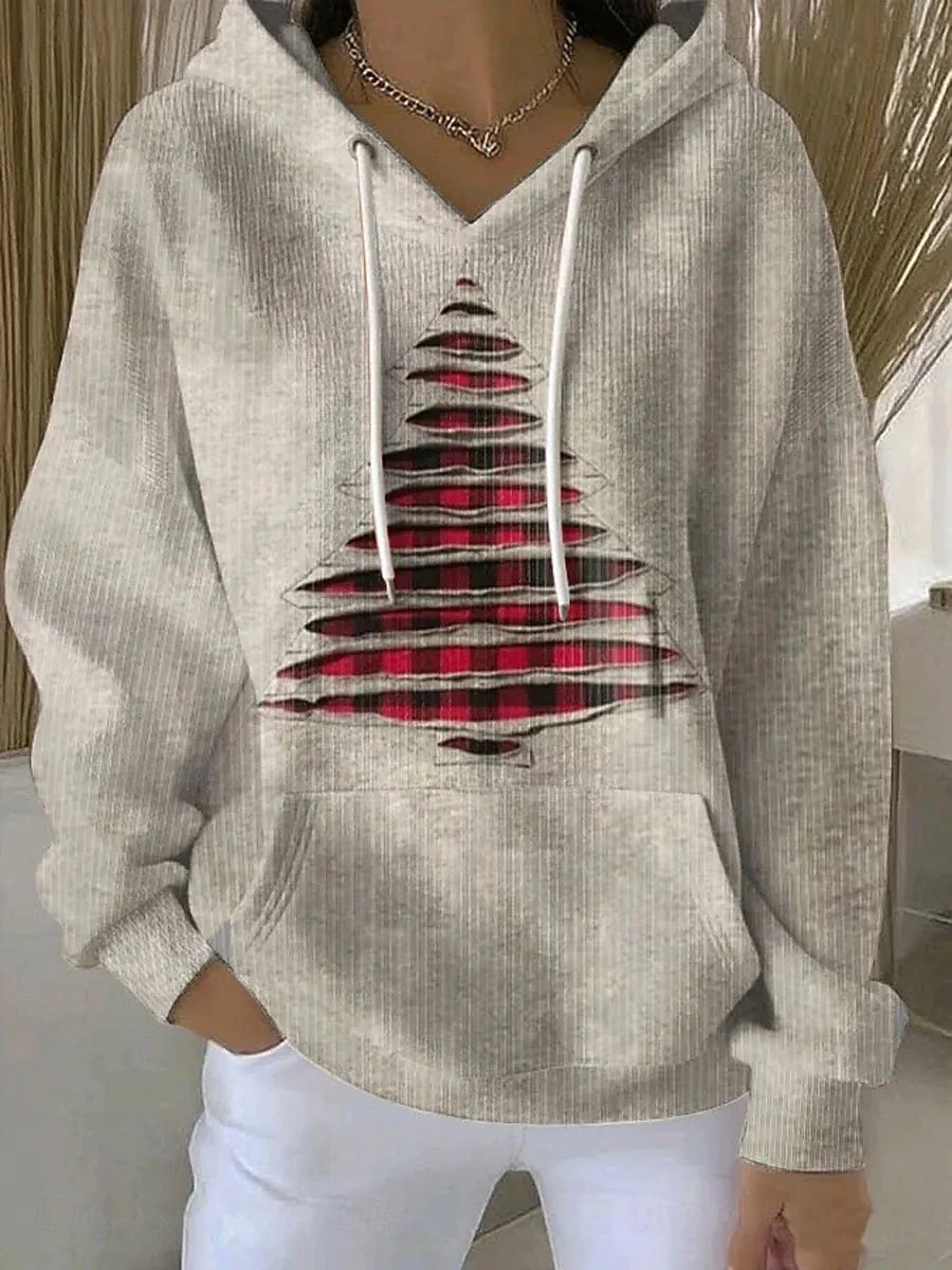 Women's Christmas Hoodie Pullover Sweatshirt Graphic Plaid Tree Patchwork Pocket Long Sleeve Casual Tops Red Beige Fall Winter