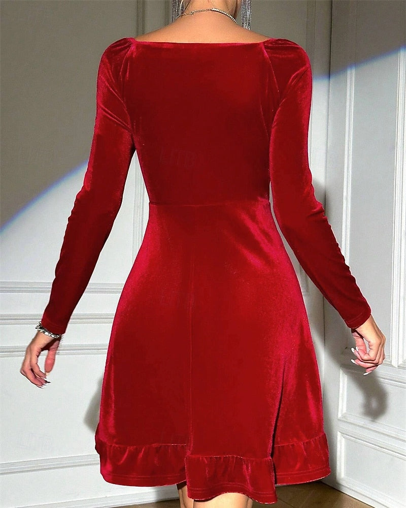 Women's Velvet Midi Dress – Elegant V-Neck Long Sleeve Cocktail Party Dress, Christmas & Holiday Fashion