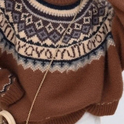 Women's Geometric Print Sweater Pullover – Casual Knit Long Sleeve Crew Neck Top for Christmas & Daily Wear