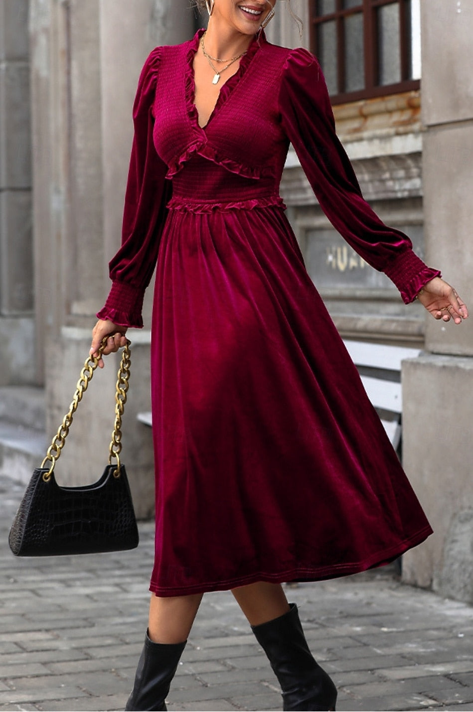 Women's Velvet Maxi Dress – Burgundy Long Sleeve V-Neck Bohemian Evening Party Dress, Elastic Waist, Elegant Fall Winter Apparel