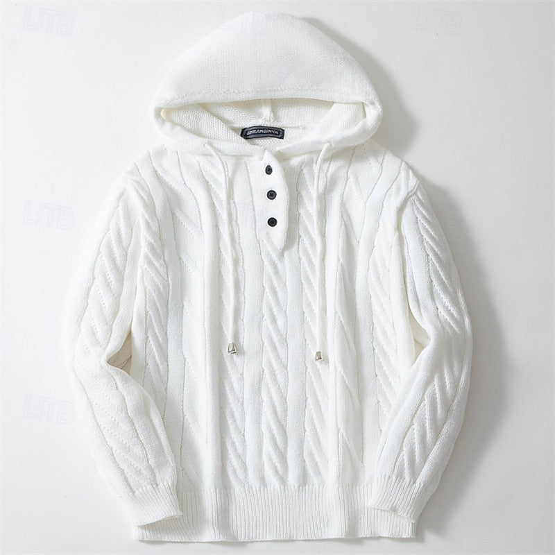 Men's Hooded Cable Knit Pullover Sweater – Ribbed Knit Jumper with Buttons & Drawstring, Casual Daily Fashion for Fall